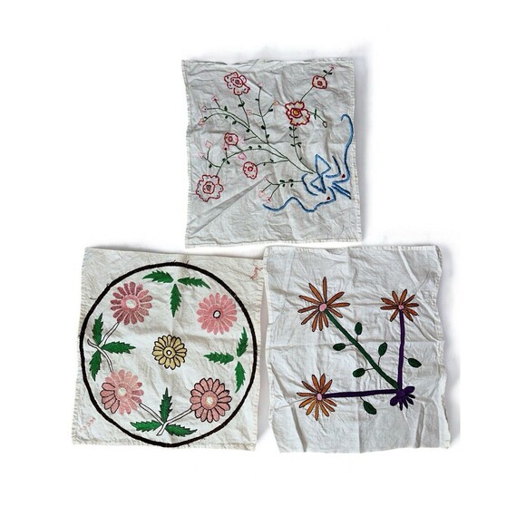 Vintage Handkerchief Hanky Cloth Embroidered Floral Linen Ukrainian Folk Art x3 - Picture 5 of 9